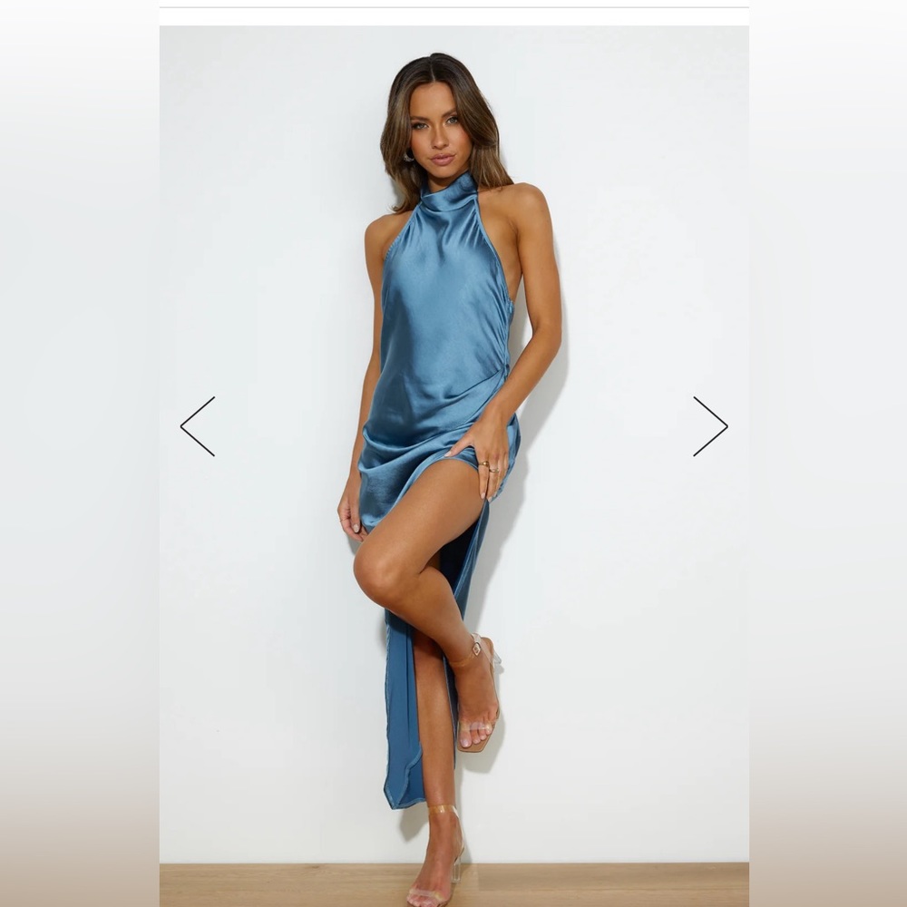 DRESSED TO IMPRESS SATIN MIDI DRESS MIDNIGHT BLUE from hello molly.